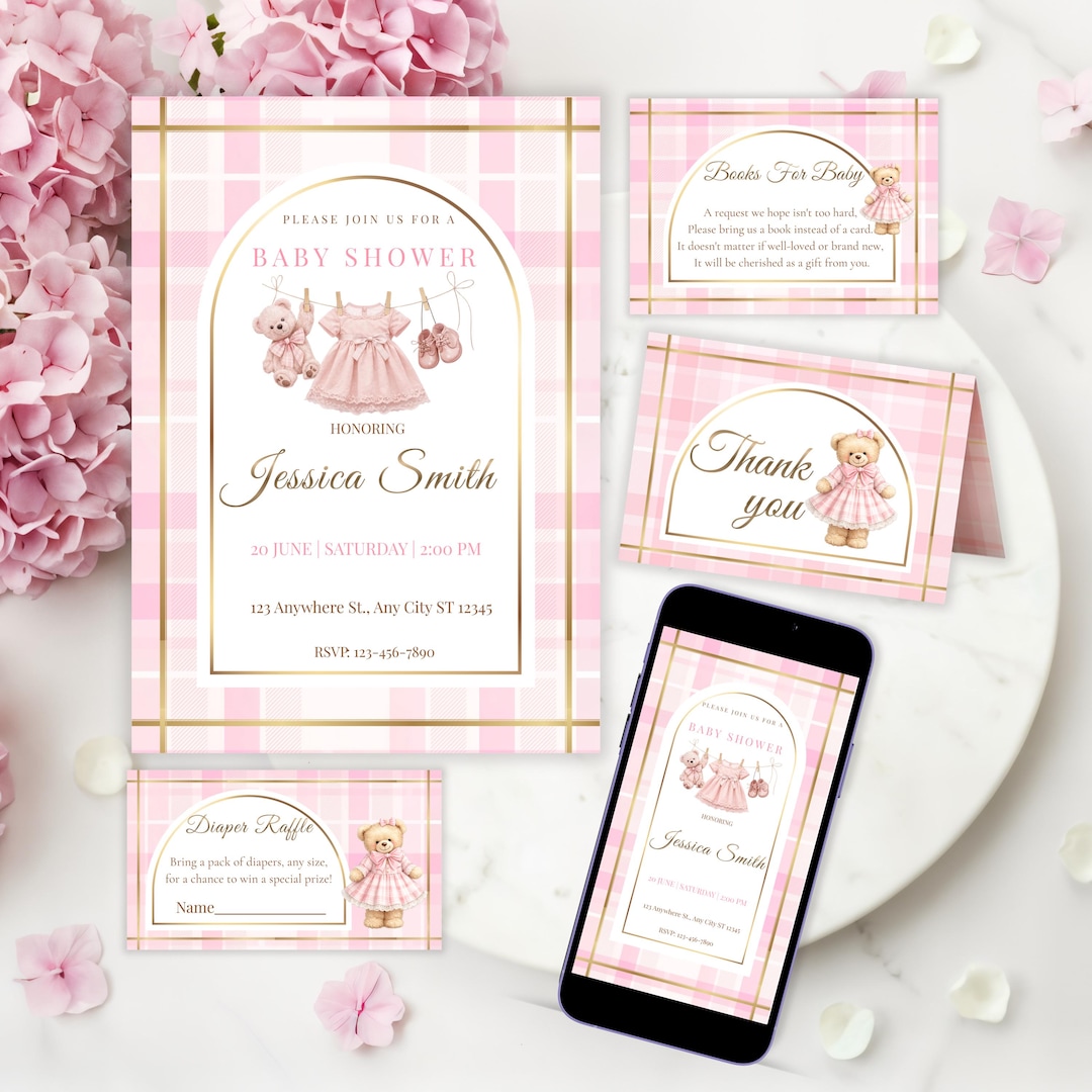 Polo Baby Shower Bundle Girl, Pink Plaid Bear Invitation Suite ...
