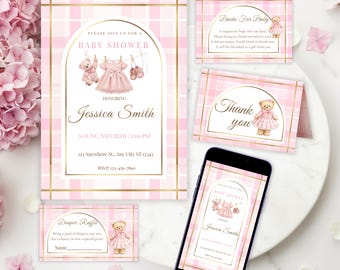 Polo Baby Shower Bundle Girl, Pink Plaid Bear Invitation Suite, Editable Canva Template, Diaper Raffle, Thank You Card