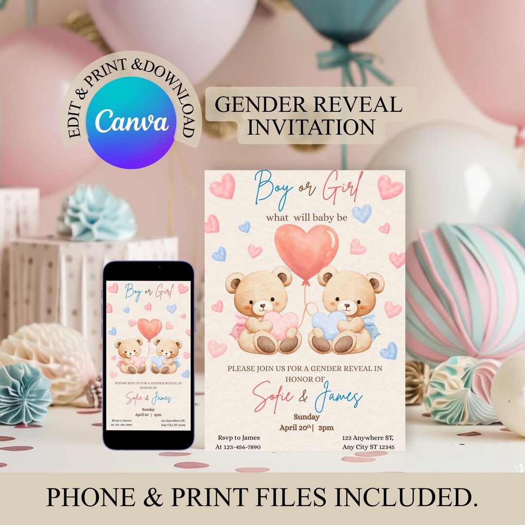 Gender Reveal Invitation Bear, Teddy Bear Gender Reveal Invite, He or ...