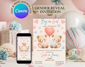 Gender Reveal Invitation Bear, Teddy Bear Gender Reveal Invite, He or She Invitation Template, Editable Canva Invite, Digital Downlaod