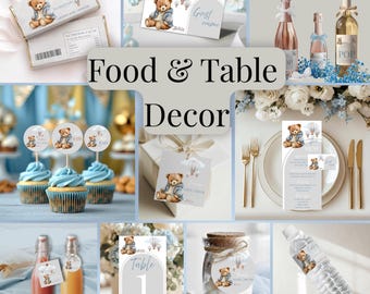 Baby Shower Table Decorations, We Can Bearly Wait Cupcake Toppers, Teddy Bear Baby Boy Decor, Editable Template Canva