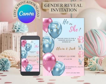Neutral Balloon Gender Reveal Invite, He or She, Editable Canva Template Digital Download