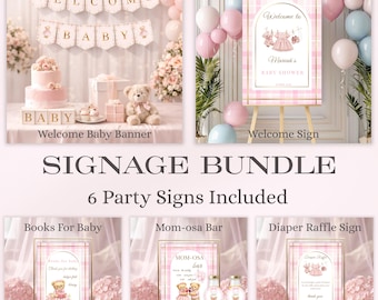 Polo Baby Shower Signage Bundle, Preppy Teddy Bear Party Signs, Pink Plaid Welcome Sign, Diaper Raffle, Books for Baby, Canva Template