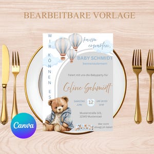 Babyparty Einladung Junge | Digitale Einladung Teddy Bär | Canva Template | Vorlage Personalisiert image 5