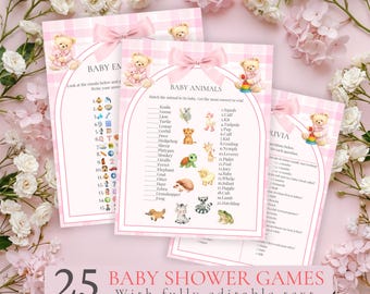 Polo Baby Shower Games Bundle, Teddy Bear Girl Baby Shower Bingo, Baby Predictions, Pass the Prize, Over or Under, Editable Canva Template