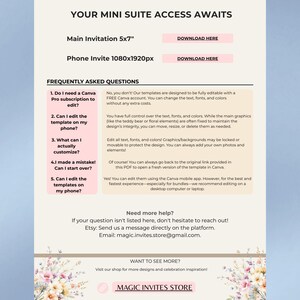 Op de afbeelding: Digitale uitnodigingssjabloon met de tekst "YOUR MINI SUITE ACCESS AWAITS". Bevat opties voor een 5x7 inch hoofduitnodiging en een telefoonuitnodiging van 1080x1920px. Met een FAQ-sectie en een oproep tot actie om de winkel te bezoeken.