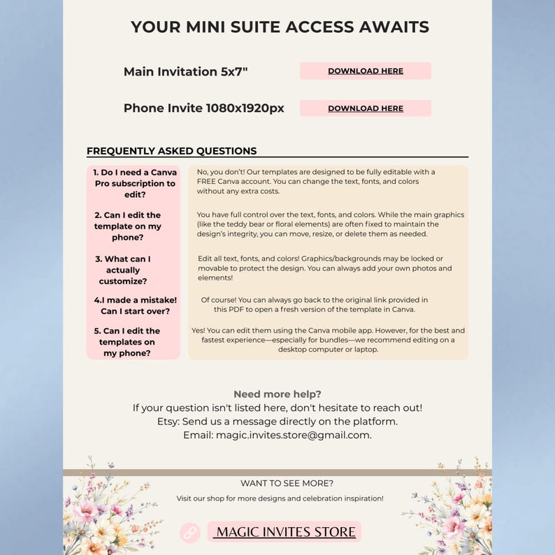 Op de afbeelding: Digitale uitnodigingssjabloon met de tekst "YOUR MINI SUITE ACCESS AWAITS". Bevat opties voor een 5x7 inch hoofduitnodiging en een telefoonuitnodiging van 1080x1920px. Met een FAQ-sectie en een oproep tot actie om de winkel te bezoeken.