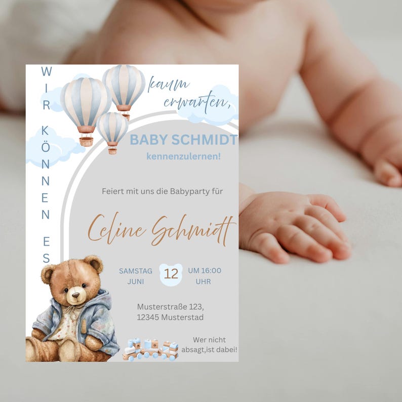 Babyparty Einladung Junge | Digitale Einladung Teddy Bär | Canva Template | Vorlage Personalisiert image 9