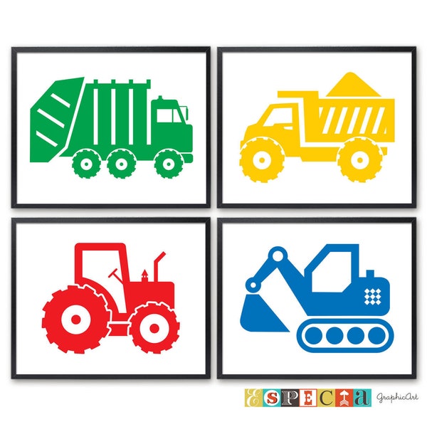 Printable Trucks prints for boys room decor, Garbage truck poster, set of 4 8x10 wall art signs for DIY Transportation theme kids playroom