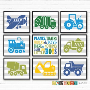 Conjunto de 9 impresiones de transporte digital 8x10 para la decoración de la habitación del niño pequeño, cotización de camiones de trenes de aviones, sala de juegos imprimible o arte de la pared del dormitorio