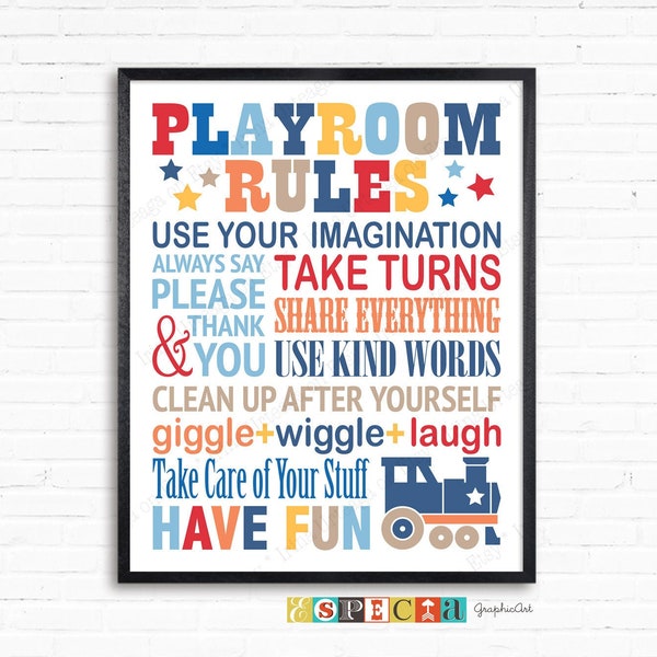 Kids rules poster with train, PRINTABLE Playroom rules sign for DIY Train themed kids room decor, Boys room wall art 8x10 11x14 16x20 24x36