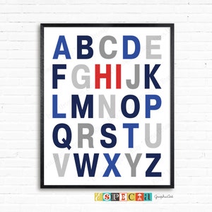 ABC poster HI alphabet printable wall art for toddler boy room or playroom, Boys room decor in Navy blue red and gray, 8x10 11x14 a4 sign