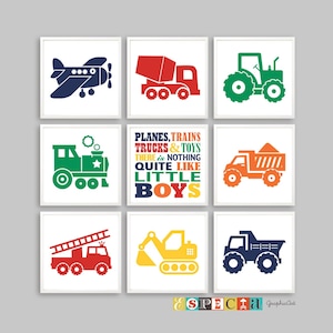Transportation theme Printable wall art set of 9 square 8x8 prints for toddler boy room decoration, Planes trains trucks Car themed bedroom
