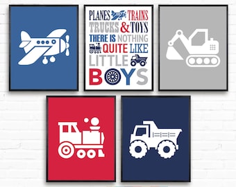 Boys room wall art for Transportation theme playroom or Nursery, Planes trains Trucks quote, Kids zone posters, set of 5 vehicle pictures