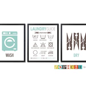 Laundry Room PRINTABLE set of 3 Laundry Wall Art Wash And Dry Art Print Laundry Decor Laundry Symbols Laundry Guide art Laundry Instructions