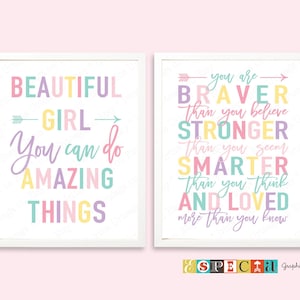 Digital prints for DIY baby girl nursery decor in pastel colors, printable wall art set of 2 posters, You Are Braver Beautiful girl quotes