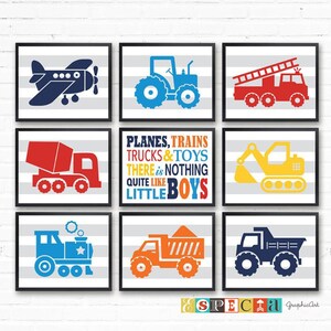 Set of 9 8x10 truck prints for DIY Toddler boy playroom or nursery decor, Printable Planes trains trucks quote poster, downloadable wall art