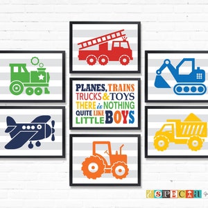 Car themed nursery wall art, PRINTABLE Transportation set of 7 5x7 prints for DIY toddler boy bedroom or kids play room decor, download ZIP