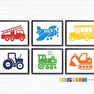 Printable Transportation art for Toddler boy room decor, Little kids nursery or playroom, Set of 6 cars prints, vehicle theme bedroom decor