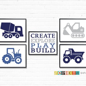 May include: Four framed prints with blue and gray construction vehicles and the words "CREATE EXPLORE PLAY BUILD" in blue, gray, and white.