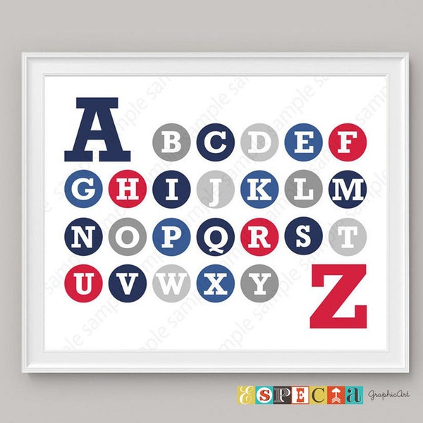 Printable ABC Wall Art for boy play room decor, Alphabet Poster in Navy blue Red and Gray colors, 8x10 11x14 Horizontal digital A to Z print