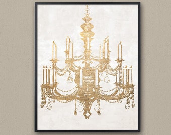 Chandelier printable wall Art print, Faux gold foil glam decor, candle chandelier over a gray background modern poster