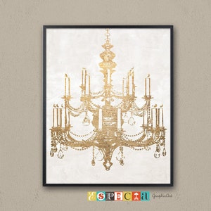Chandelier printable wall Art print, Faux gold foil glam decor, candle chandelier over a gray background modern poster