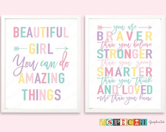Digital prints for DIY baby girl nursery decor in pastel colors, printable wall art set of 2 posters, You Are Braver Beautiful girl quotes