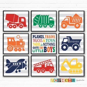 Planes trains trucks printable quote, Transportation set of 9 8x10 vehicle prints for toddler boy room decor, Garbage truck wall art