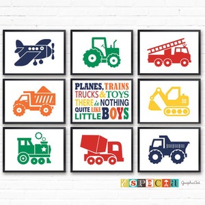 Set of 9 A4 prints construction theme nursery, Boys wall art, Dump truck Excavator cement mixer, Toddler boy bedroom decor, DIGITAL posters