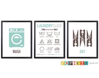 Laundry Room PRINTABLE set of 3 Laundry Wall Art Wash And Dry Art Print Laundry Decor Laundry Symbols Laundry Guide art Laundry Instructions