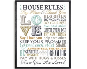House rules Wall Art Printable poster, family values digital sign for DIY home decor, cottagecore print, farmhouse poster instant download