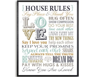 Arte mural imprimible con reglas de la casa: Decoración familiar (descarga digital)