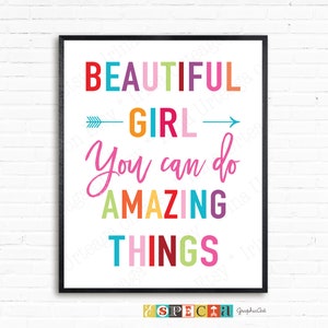 PRINTABLE quote art for girl room decor, Beautiful girl you can do amazing things inspirational college student gift, digital download print