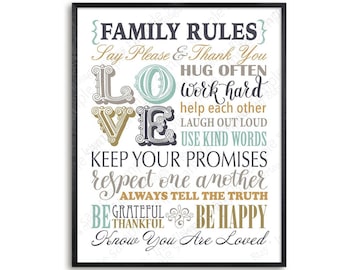 Family Rules Wall Art Printable house rules poster, digital print 8x10 12x16 18x24 30x40, gray blue brown beige decor instant download sign