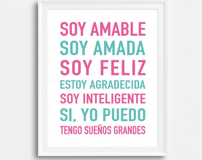 Affirmation Words in Spanish, PRINTABLE Inspirational Text for Girl ...