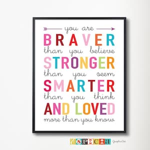 You Are Braver Than You Believe Winnie the Pooh quote print, Printable wall Art for Girl Nursery, bedroom decor 8x10 11x14 16x20 20x30 24x36