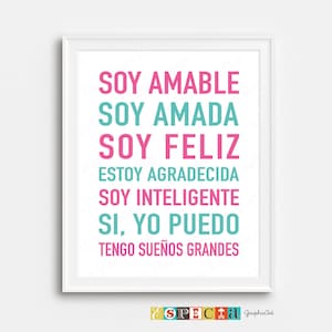 Affirmation words in Spanish, PRINTABLE inspirational text for Girl Room decor, self esteem for kids, 8x10 11x14 pink and turquoise wall art