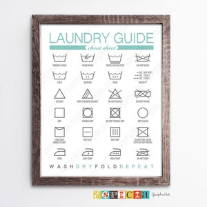 Laundry Room Clothing Care Symbols Printable wall art, Cheat Sheet Laundry Instructions, Laundry guide digital print, instant download decor