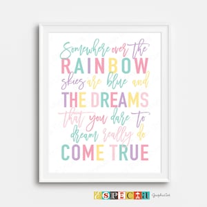 May include: A white framed print with a colorful quote that reads "Somewhere over the RAINBOW skies are blue and THE DREAMS that you dare to dream really do COME TRUE".