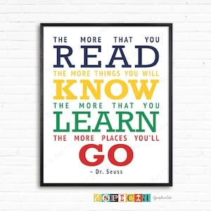 Dr. Seuss Lesezitat für Kinder Printable 8x10 11x14 Wand Kunst Druck, Je mehr Sie lesen, desto mehr Dinge werden Sie wissen, Jungen Zimmer Dekor