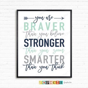 Mint green, navy blue and gray nursery sign PRINTABLE wall art Winnie the Pooh quotes You are BRAVER than you believe for toddler room decor