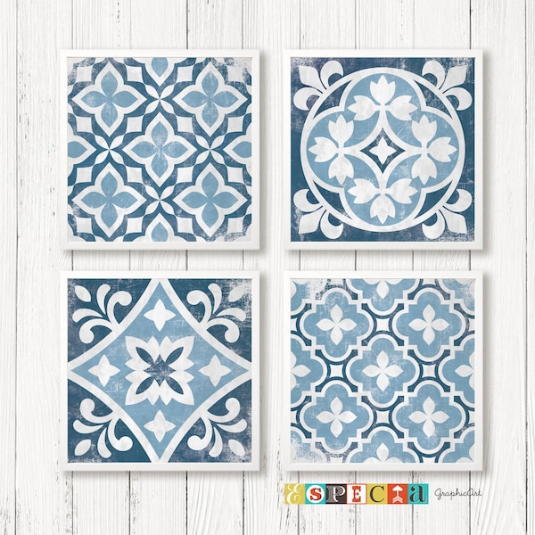 Stampe artistiche di piastrelle blu: decorazioni murali geometriche, set da 4 (download digitale)