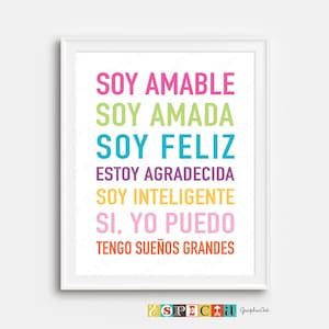 Kid affirmations wall art in Spanish for Girl Room decor, PRINTABLE positive quotes poster, 8x10 11x14 print, instant download, girly colors