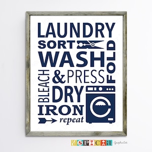 Navy blue Laundry Room Sign Printable 8x10 11x14 Wash Dry Fold Wall Art Print, Dark blue Poster for Laundry Decor instant download