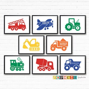 Arte de la pared del vivero del tema del transporte Impresiones A4 imprimibles: Camión volquete, Excavadora, mezcladora de cemento, Conjunto de 8 carteles para el dormitorio del niño pequeño ZIP