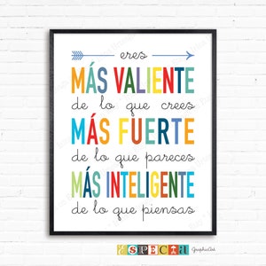 Printable quote in Spanish, downloadable print for DIY kids room decor, You are braver than you believe Winnie the Pooh, 8x10 11x14 16x20