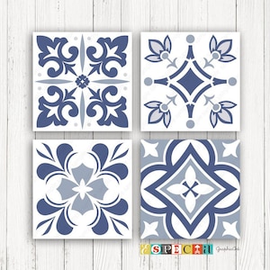 Mosaic Tile PRINTABLE wall art set of 4 8x8 12x12 Digital Kitchen Decor Geometric prints, Blue ceramic tiles instant download, abstract art