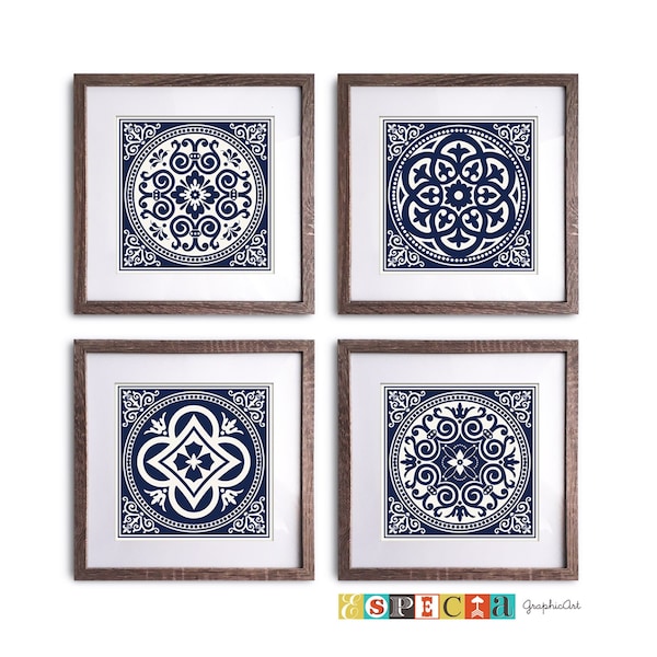 Set of 4 Mosaic tiles wall art PRINTABLE medallion motif Digital 12x12 Navy blue ornate home decor, Mandala style download circle Design