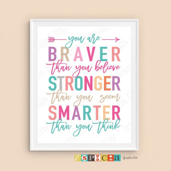 Printable quotes for kids, Purple teal pink wall art print, You are braver than you believe Pooh quote for Teen or toddler girl room decor